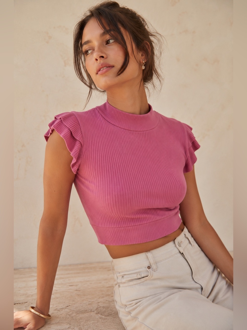 Storia Pink Ribbed Mock Neck Ruffle Sleeve Crop Top Large Stretch Knit
